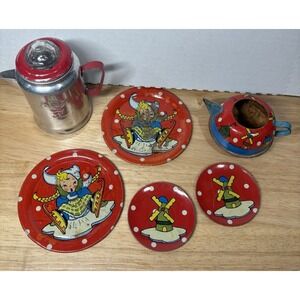 Vintage 1930s-40s Tin Litho‎ Children's Tea Partial Set Dutch Girl Windmill Red